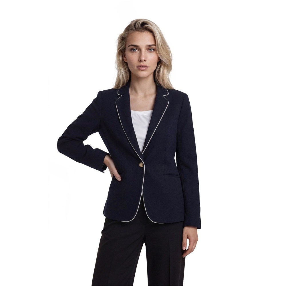 Talbots 100% Linen Blazer Women's Size 10 Navy Blue Piping Gold Button Nautical